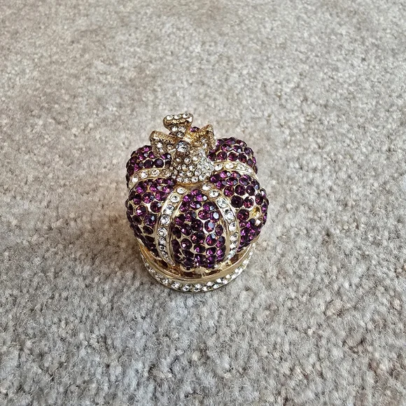 Rhinestone Crown Trinket Box Purple Crystal Gold Tone Jewelry Holder Royal - Picture 12 of 14